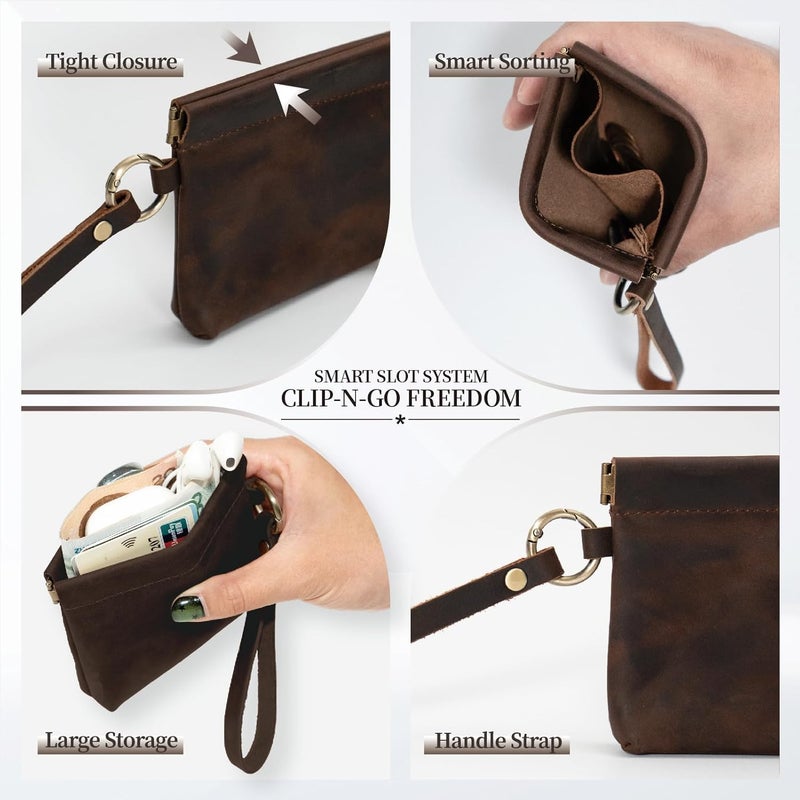 Aesthestyle Leather Coin Purse with Wristlet, Coin Pouch with Dual Interlayer, Card and Change Holder, Change Purse without Zipper, Squeeze Coin Wallet, Handmade Genuine Leather Wallet For Men/Women - Image 5
